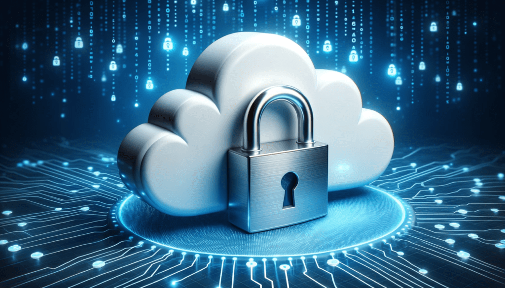 DALL·E 2023 10 10 08.26.26 Photo A 3D representation of a cloud with a padlock symbolising secure cloud storage solutions and data encryption in the realm of cybersecurity