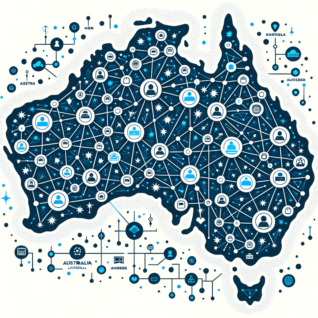 DALL·E 2023 10 24 10.20.02 Vector design of Australias map with interconnected nodes representing small businesses. Highlighted areas indicate regions with heightened privacy c 1